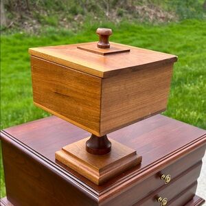 Vintage MCM Handcarved Folk Art Wood Pedestal Jewelry Box / Storage Box